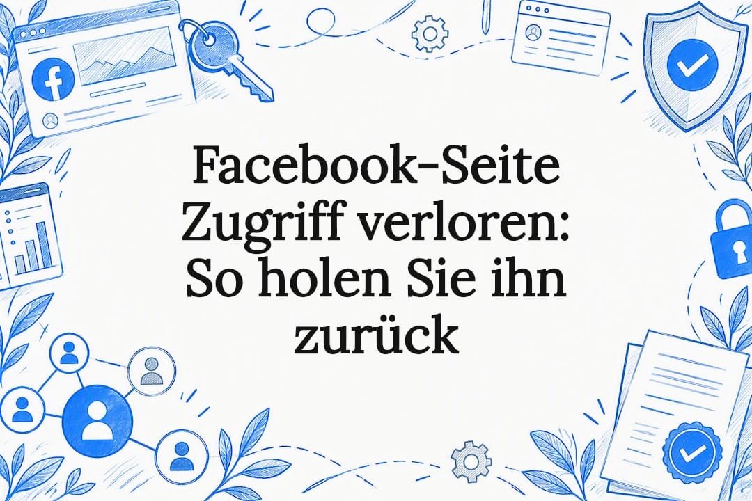 Illustration: Facebook-Seitenfenster, Schlüssel, Schutzschild mit Häkchen, Schloss und Dokumente – Symbole für den verlorenen Seitenzugriff