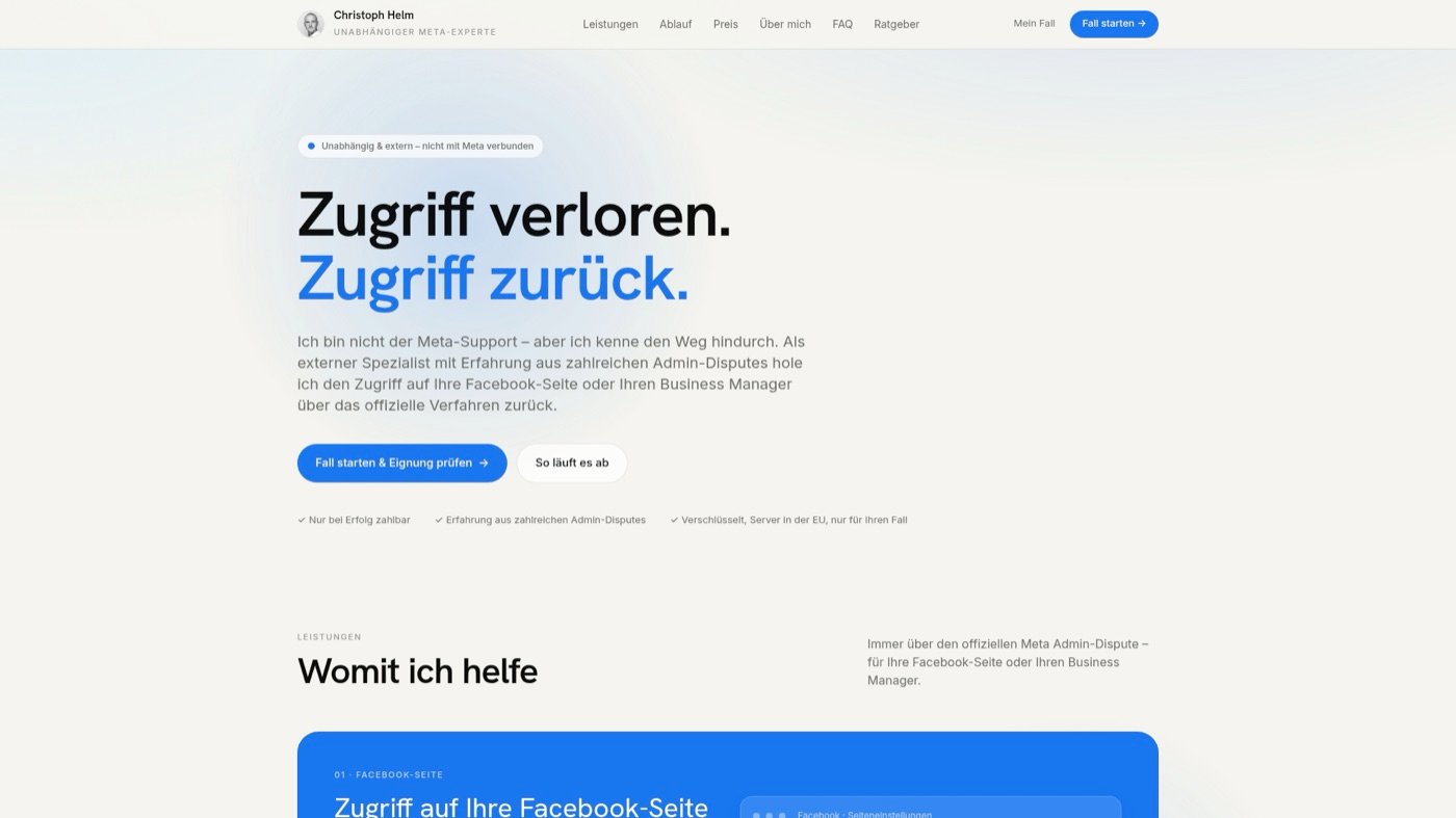Startseite von helmission.de: „Zugriff verloren. Zugriff zurück.“ – Fall starten & Eignung prüfen