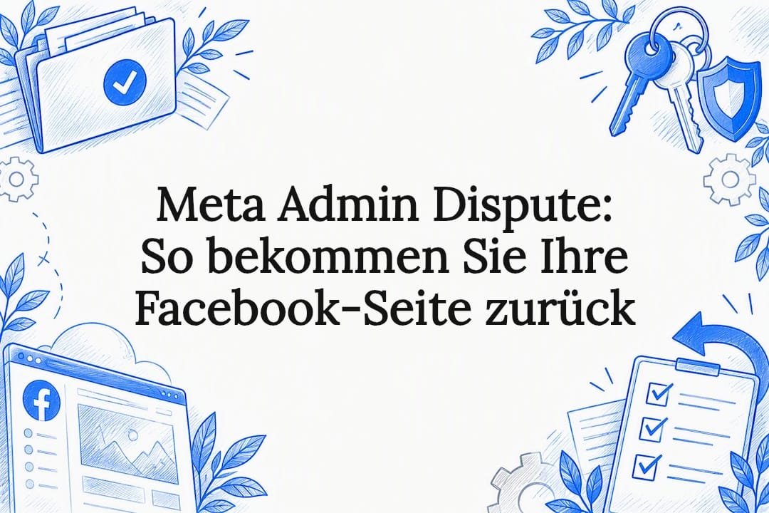 Illustration: Ordner mit Häkchen, Schlüsselbund, Schutzschild, Checkliste und ein Facebook-Seitenfenster – Symbole für den Admin-Dispute